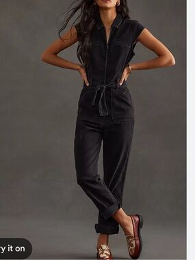 PAIGE Black Sleeveless Denim Jumpsuit with Utility Pockets